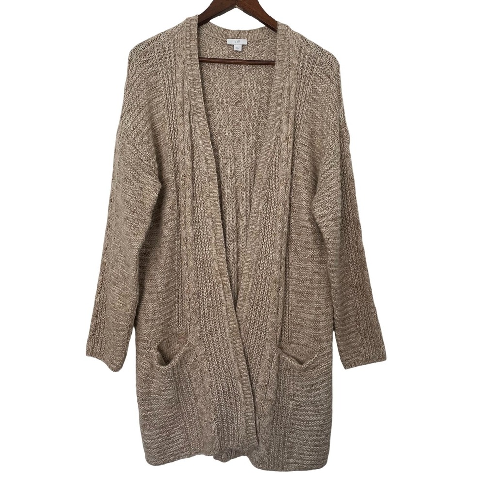 J Jill Cardigan Medium Beige Cable Knit Long Open Front Oversized Sweater Pocket